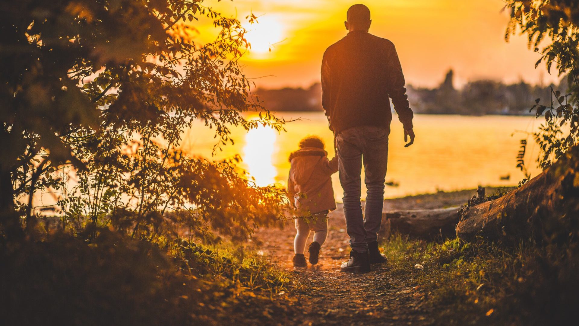 A man and his daughter walk towards the lake while the sun is setting.
