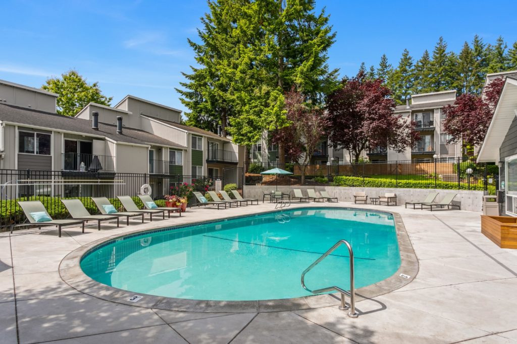 The swimming pool at Timbers Apartments.