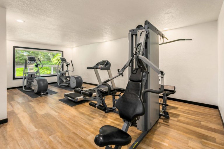 The exercise room has weight machines and treadmills.